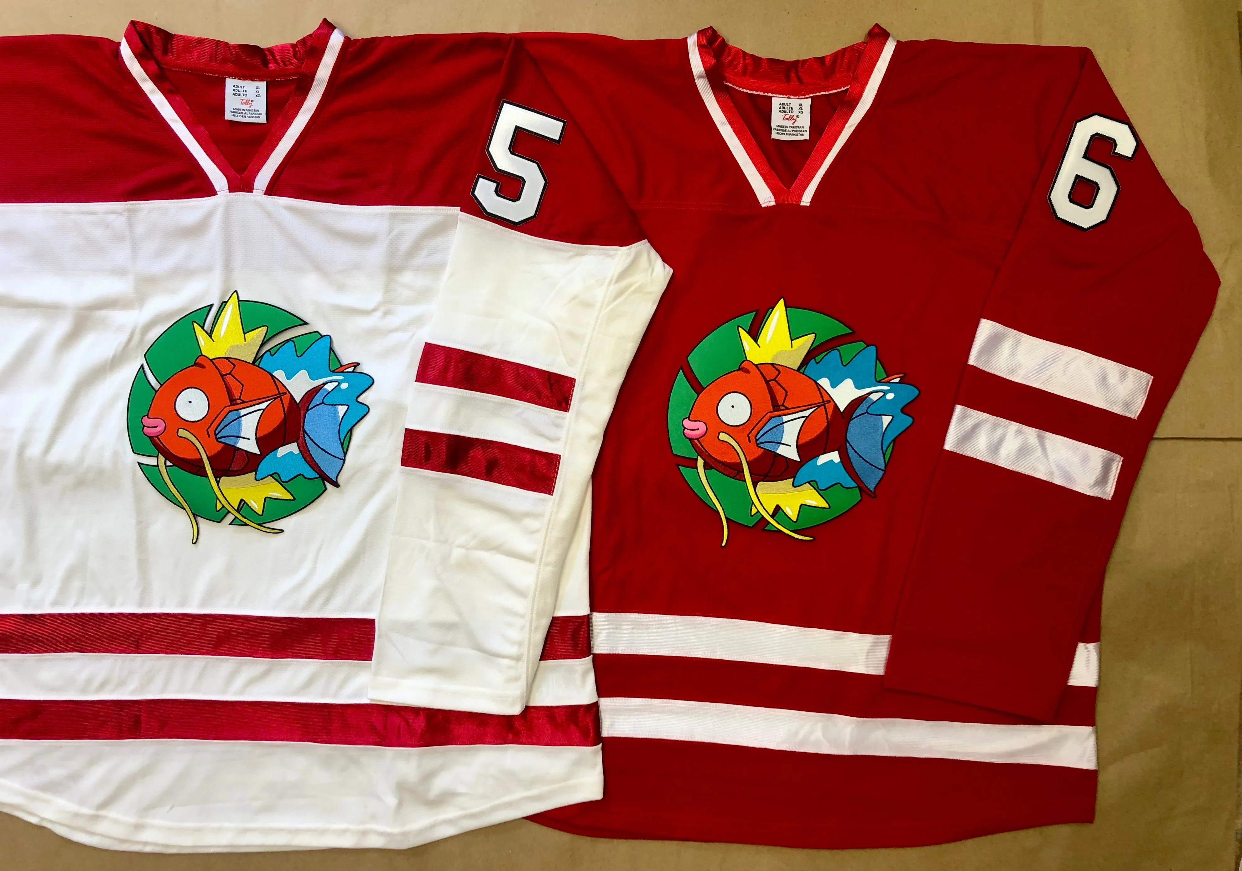 Red and White Hockey Jerseys with a Fish Embroidered Twill Logo