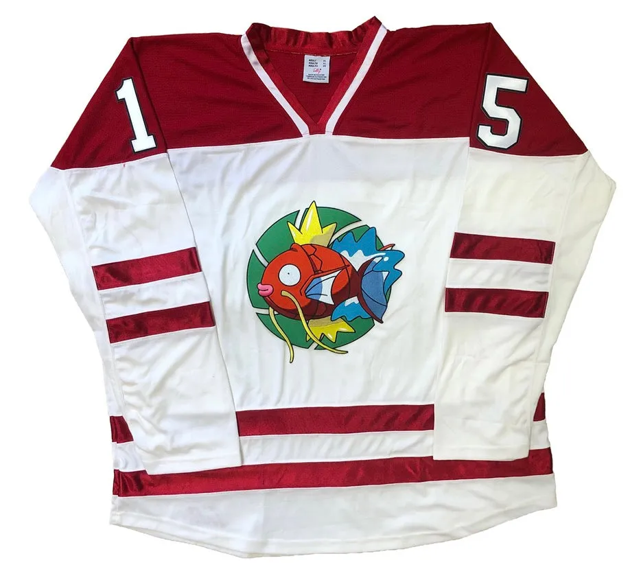 Red and White Hockey Jerseys with a Fish Embroidered Twill Logo