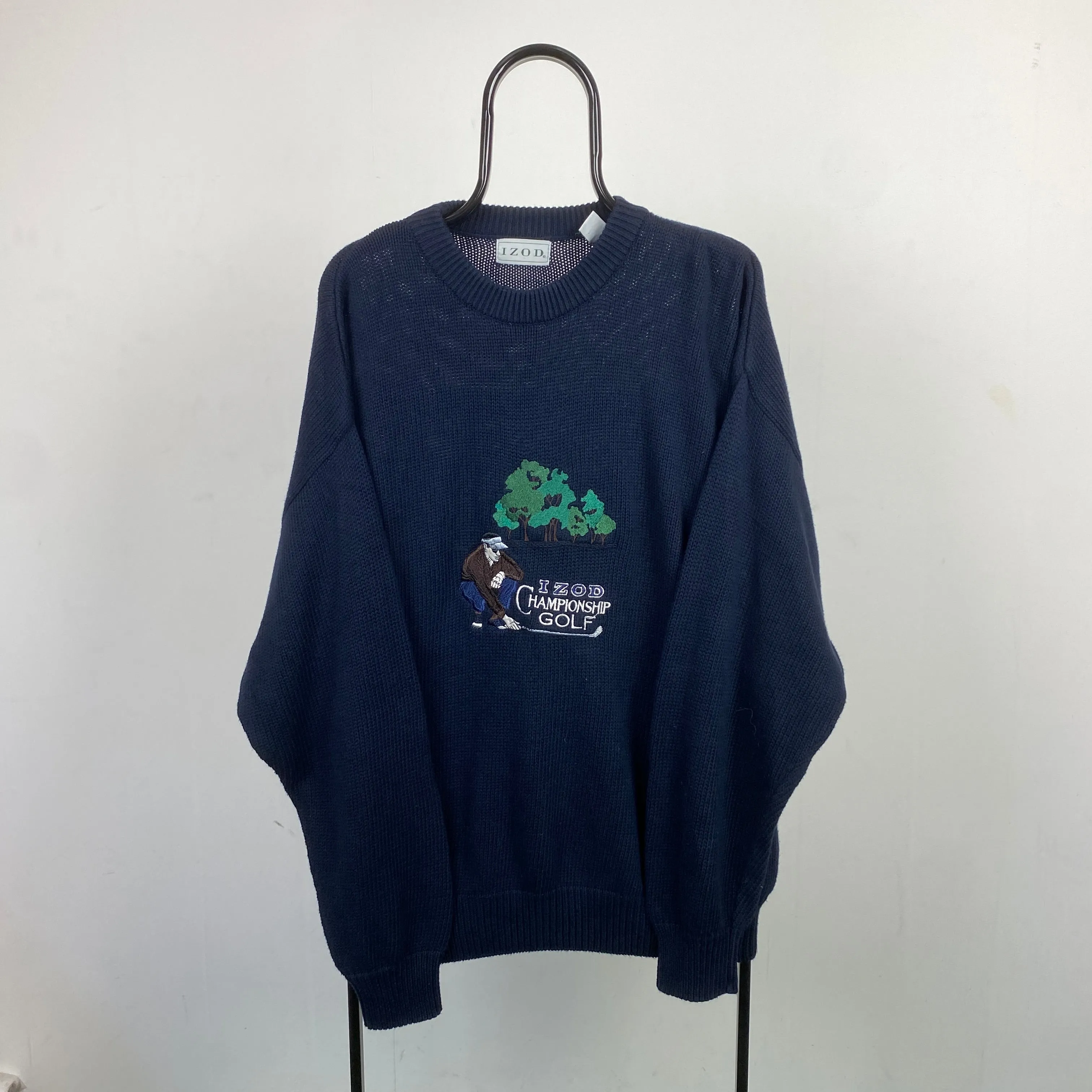 Retro Izod Golf Knit Sweatshirt Blue Large