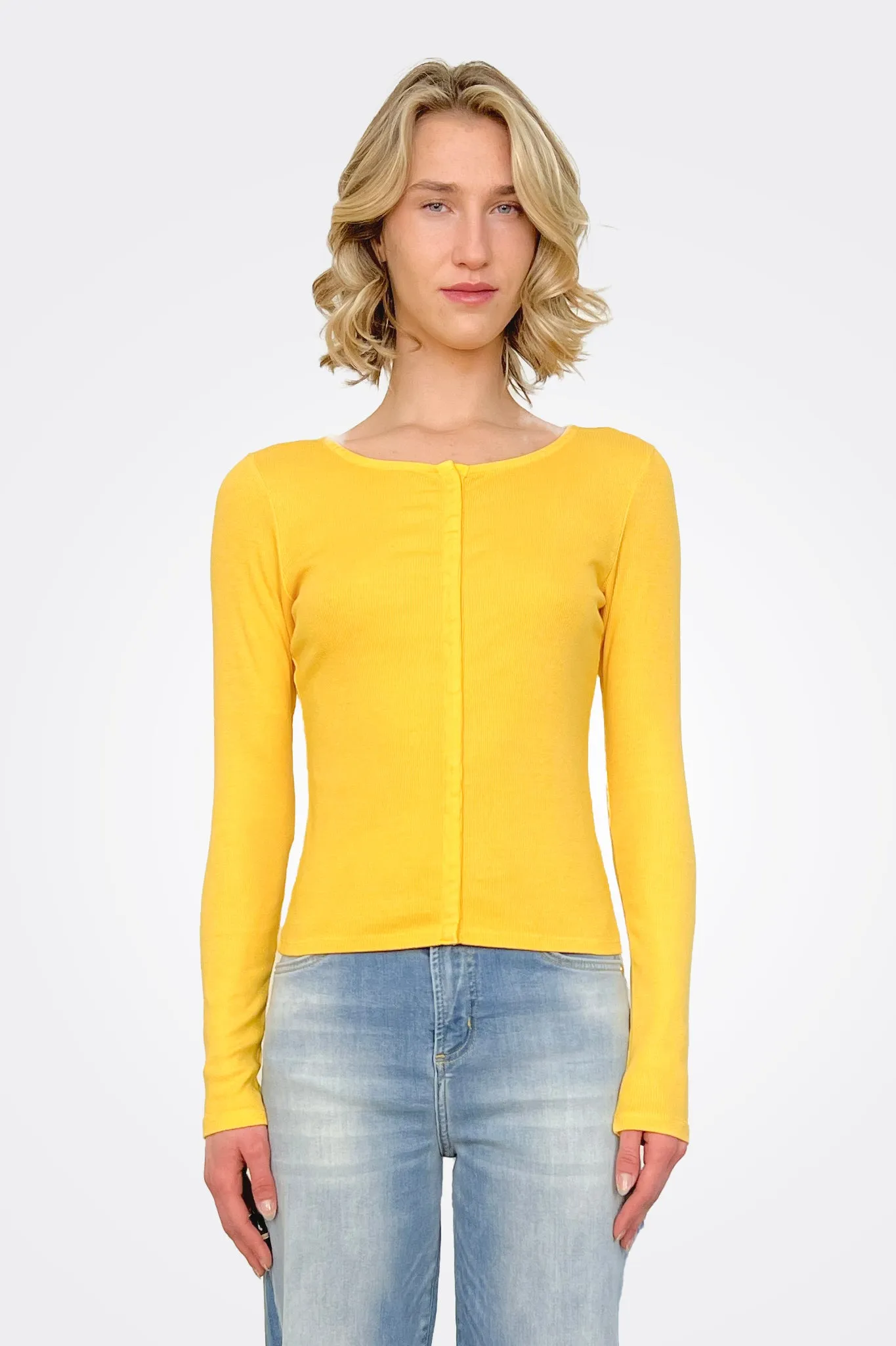 Rib Long Sleeve Snap Front Cardigan - Dandelion