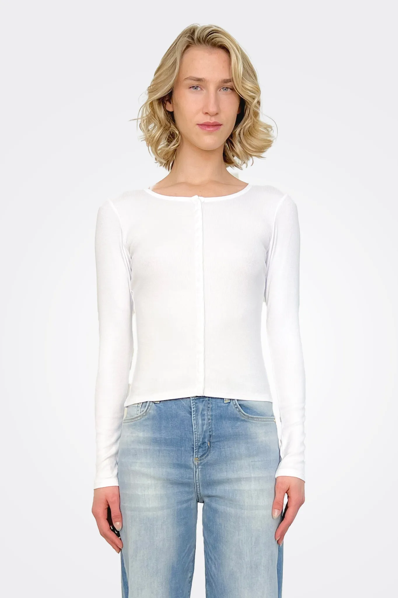 Rib Long Sleeve Snap Front Cardigan - White