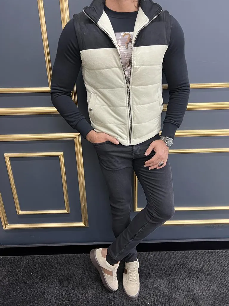 Rick Slim Fit Double Color Detailed Beige Nubuck Vest