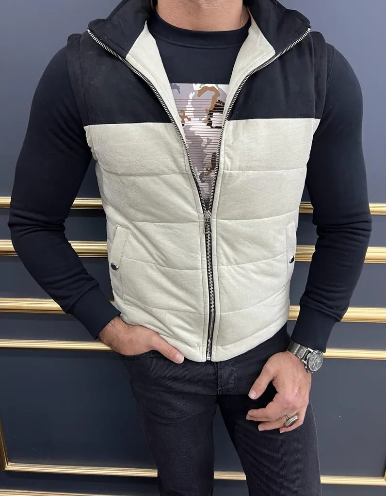 Rick Slim Fit Double Color Detailed Beige Nubuck Vest