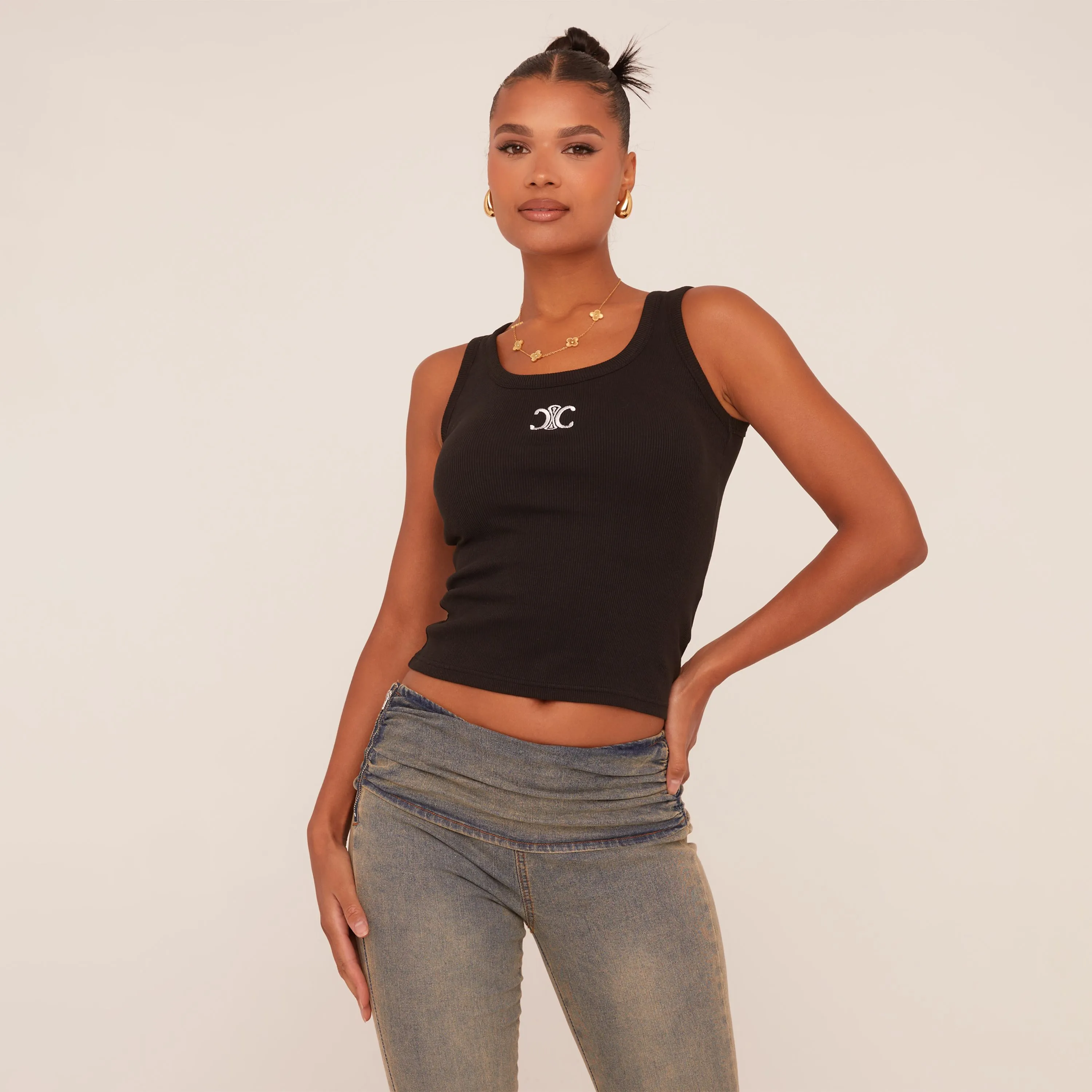 Scoop Neck Logo Vest Top In Black Rib