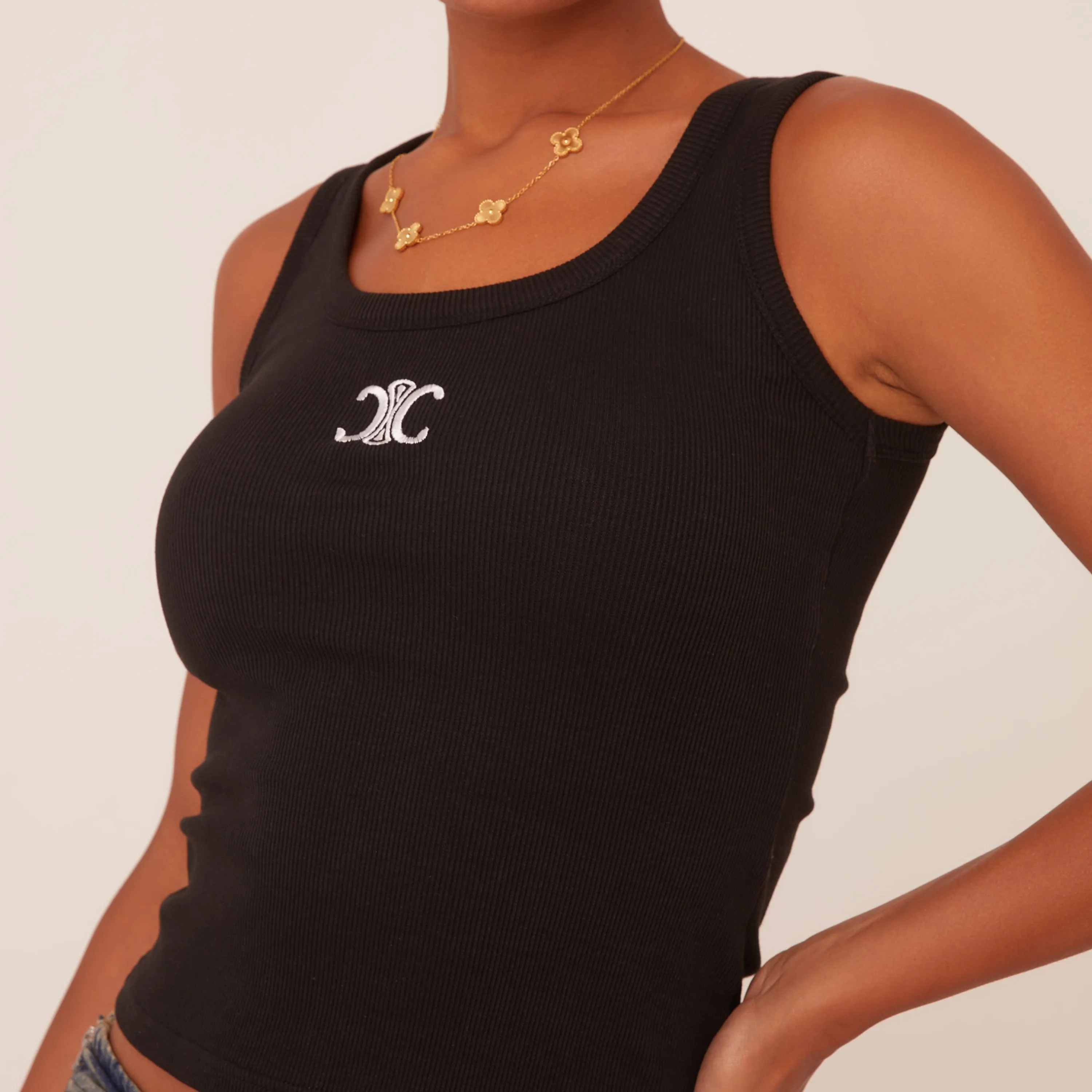 Scoop Neck Logo Vest Top In Black Rib