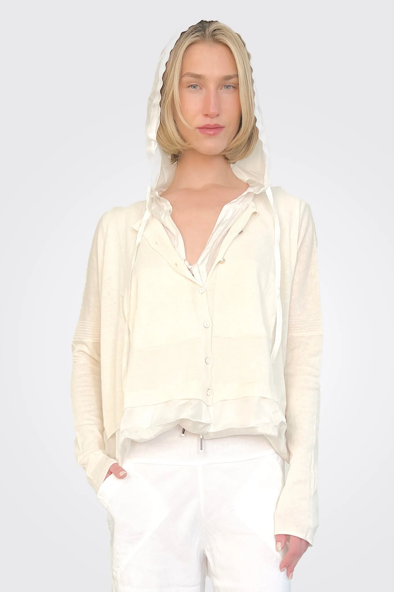 Silk Double Design Cardigan Hoodie - Chalk