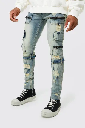 Skinny Stretch Zip Multi Strap Cargo Jeans