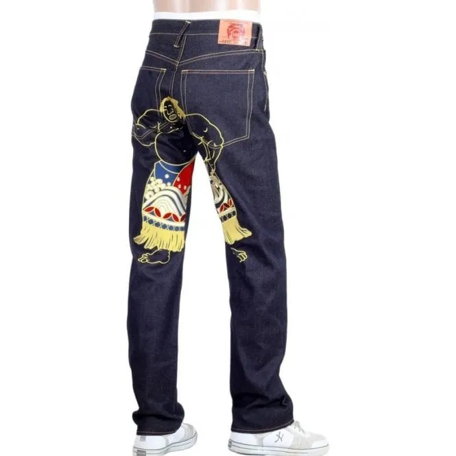 Super Exclusive Dark Indigo Raw Denim Jeans with Sumo Wrestler Embroidery