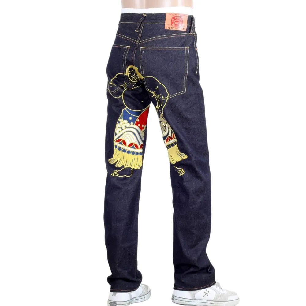 Super Exclusive Dark Indigo Raw Denim Jeans with Sumo Wrestler Embroidery