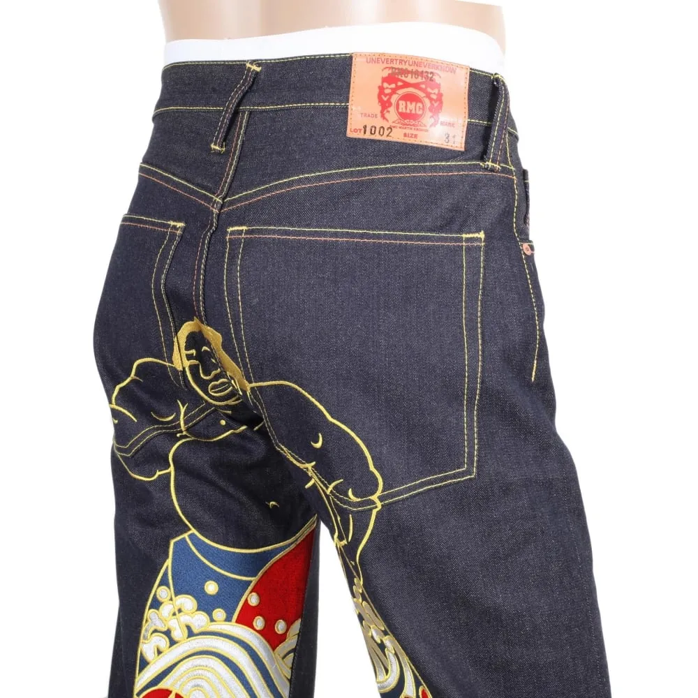 Super Exclusive Dark Indigo Raw Denim Jeans with Sumo Wrestler Embroidery