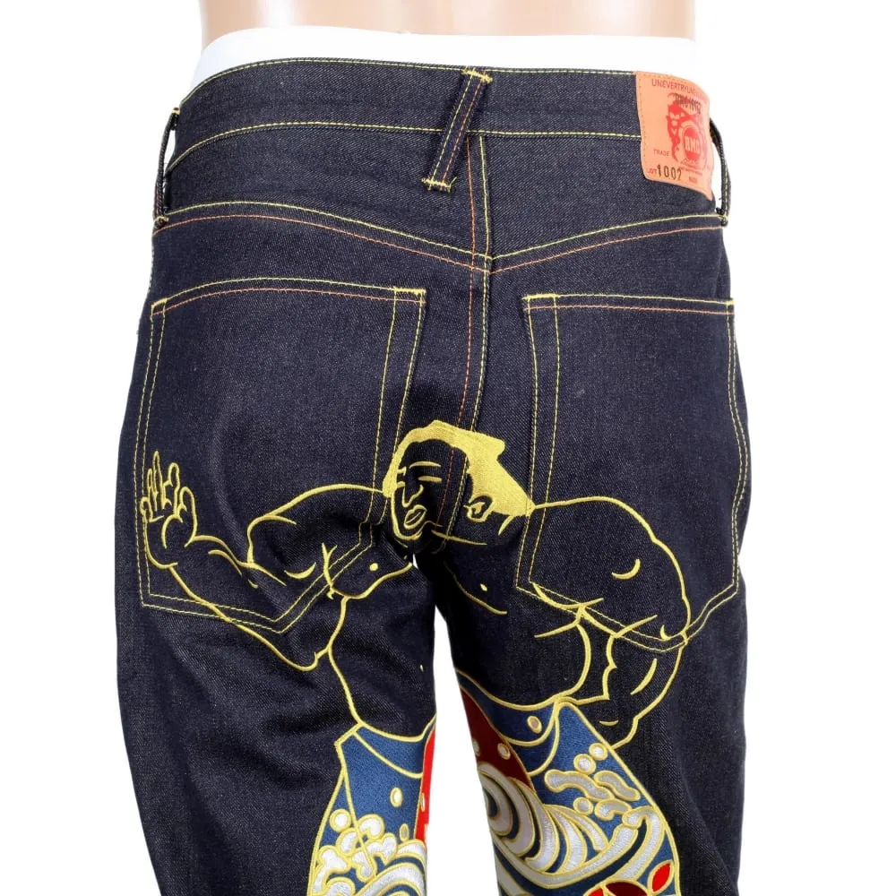 Super Exclusive Dark Indigo Raw Denim Jeans with Sumo Wrestler Embroidery