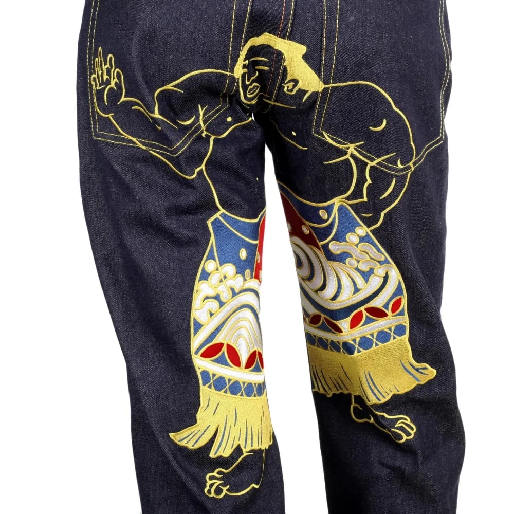 Super Exclusive Dark Indigo Raw Denim Jeans with Sumo Wrestler Embroidery