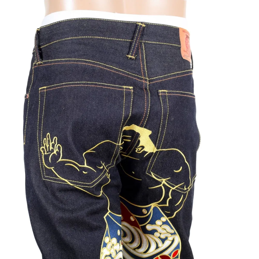 Super Exclusive Dark Indigo Raw Denim Jeans with Sumo Wrestler Embroidery