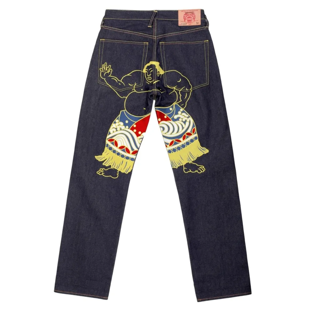 Super Exclusive Dark Indigo Raw Denim Jeans with Sumo Wrestler Embroidery