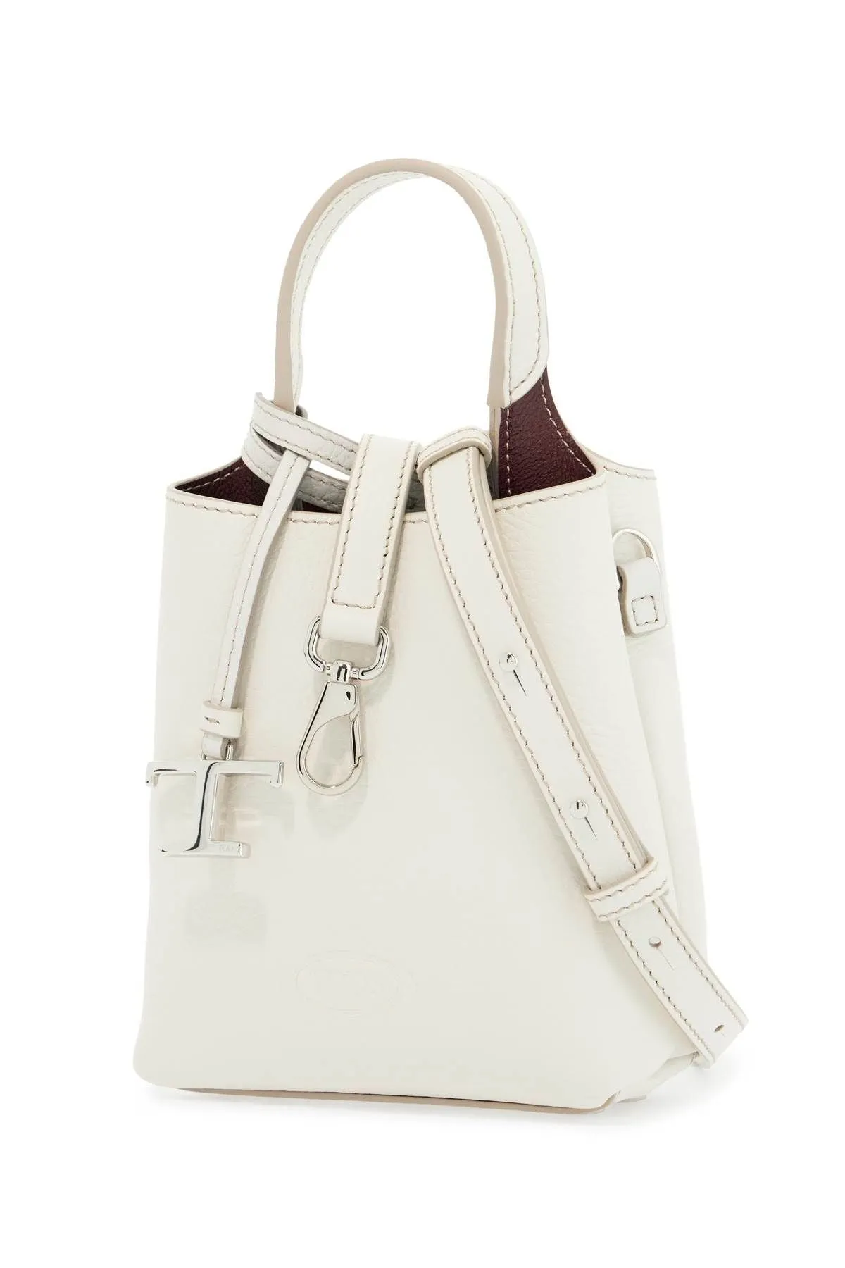 Tod's White Calf Leather Crossbody Bag With Burgundy Details