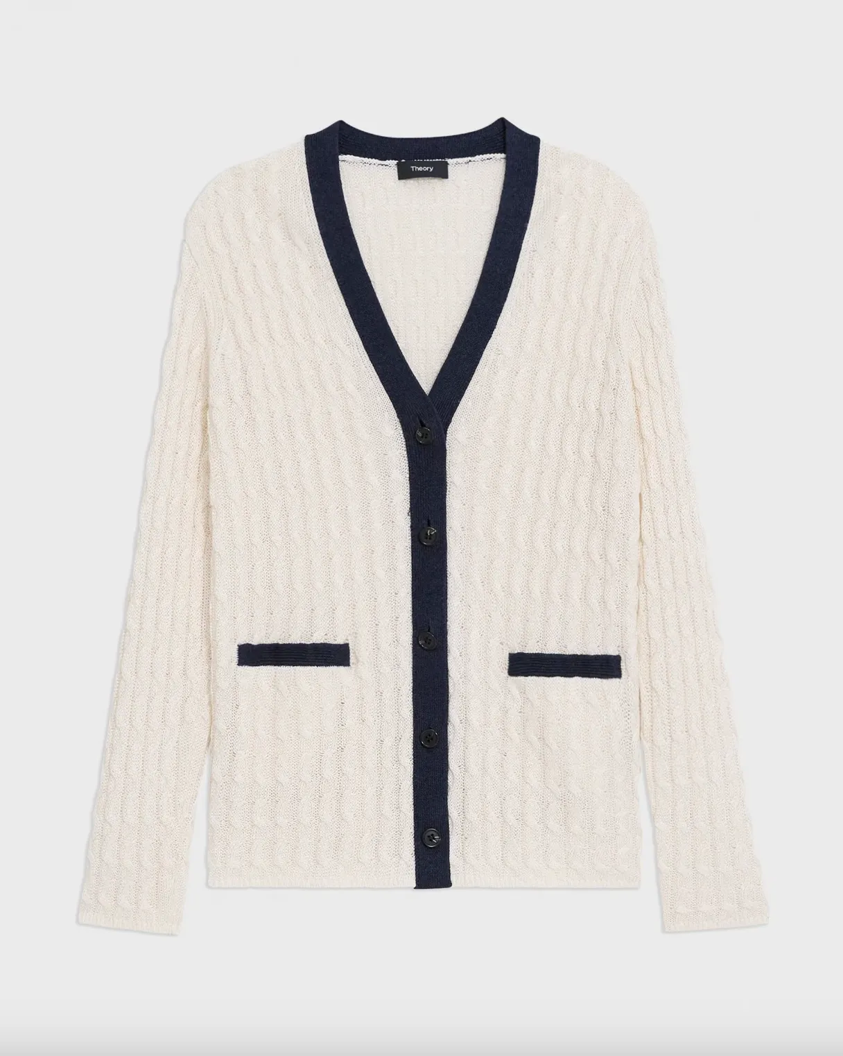 V-Neck Cardigan in Cable Knit Linen - Bone / Navy