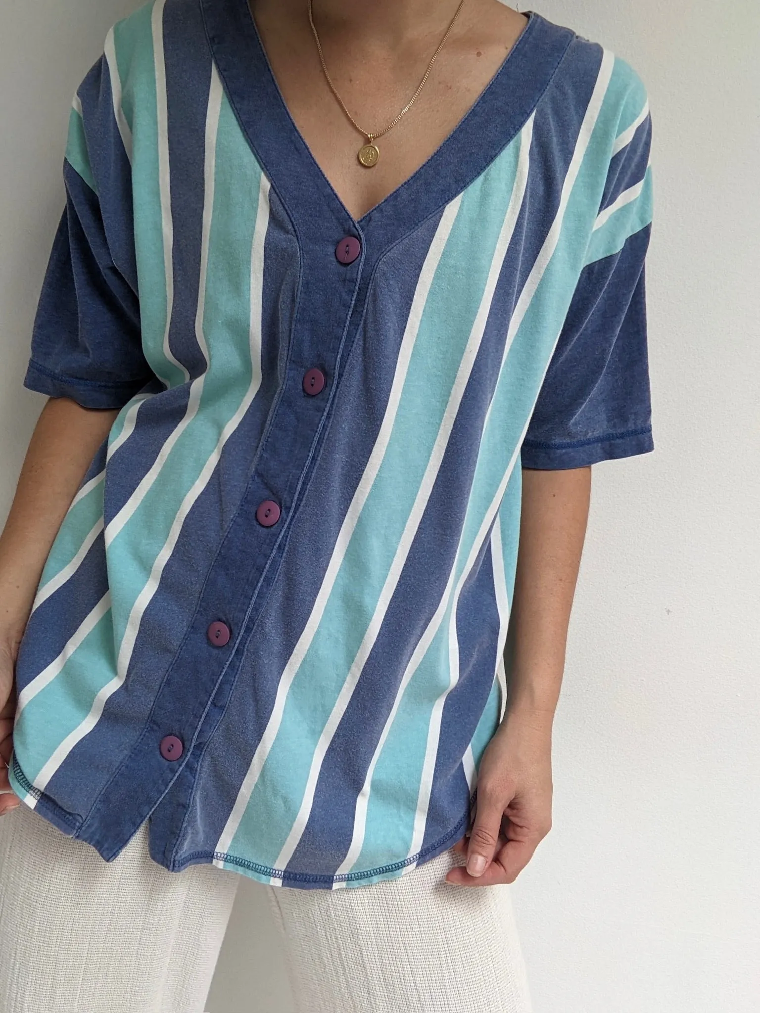 Vintage Faded Blue Striped Baseball Tee