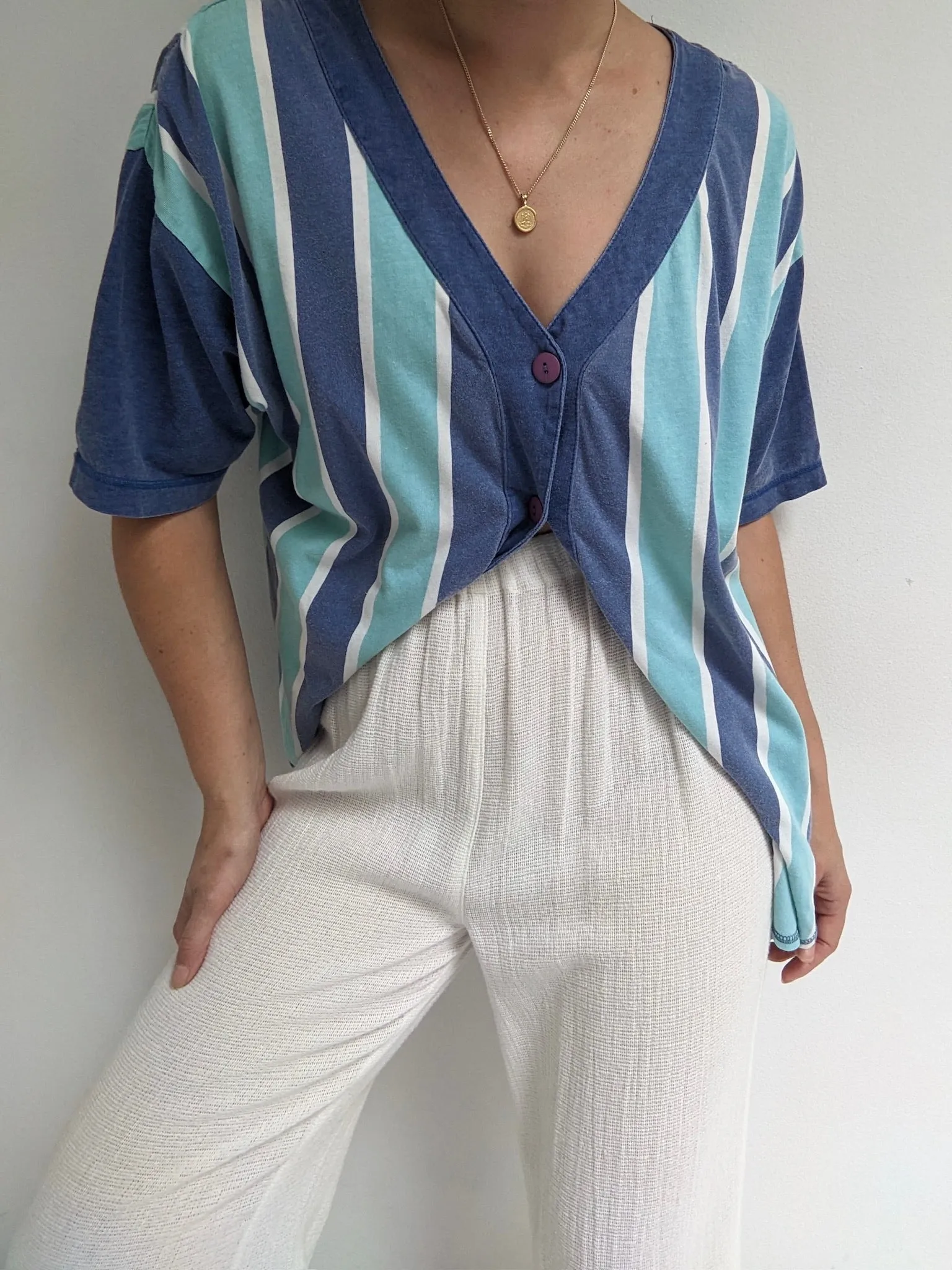 Vintage Faded Blue Striped Baseball Tee