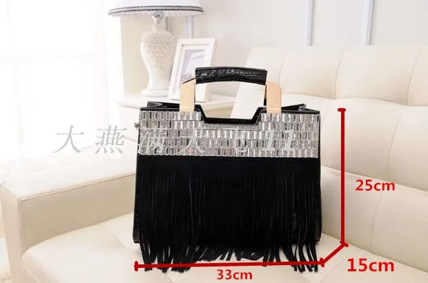 Women's Luxury Cowhide Leather Tassel Rhinestone Portable Tote Handbag