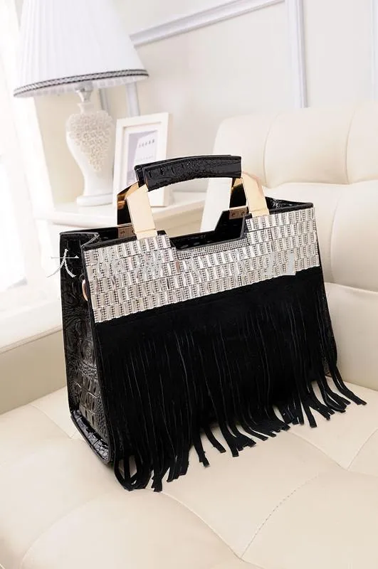 Women's Luxury Cowhide Leather Tassel Rhinestone Portable Tote Handbag